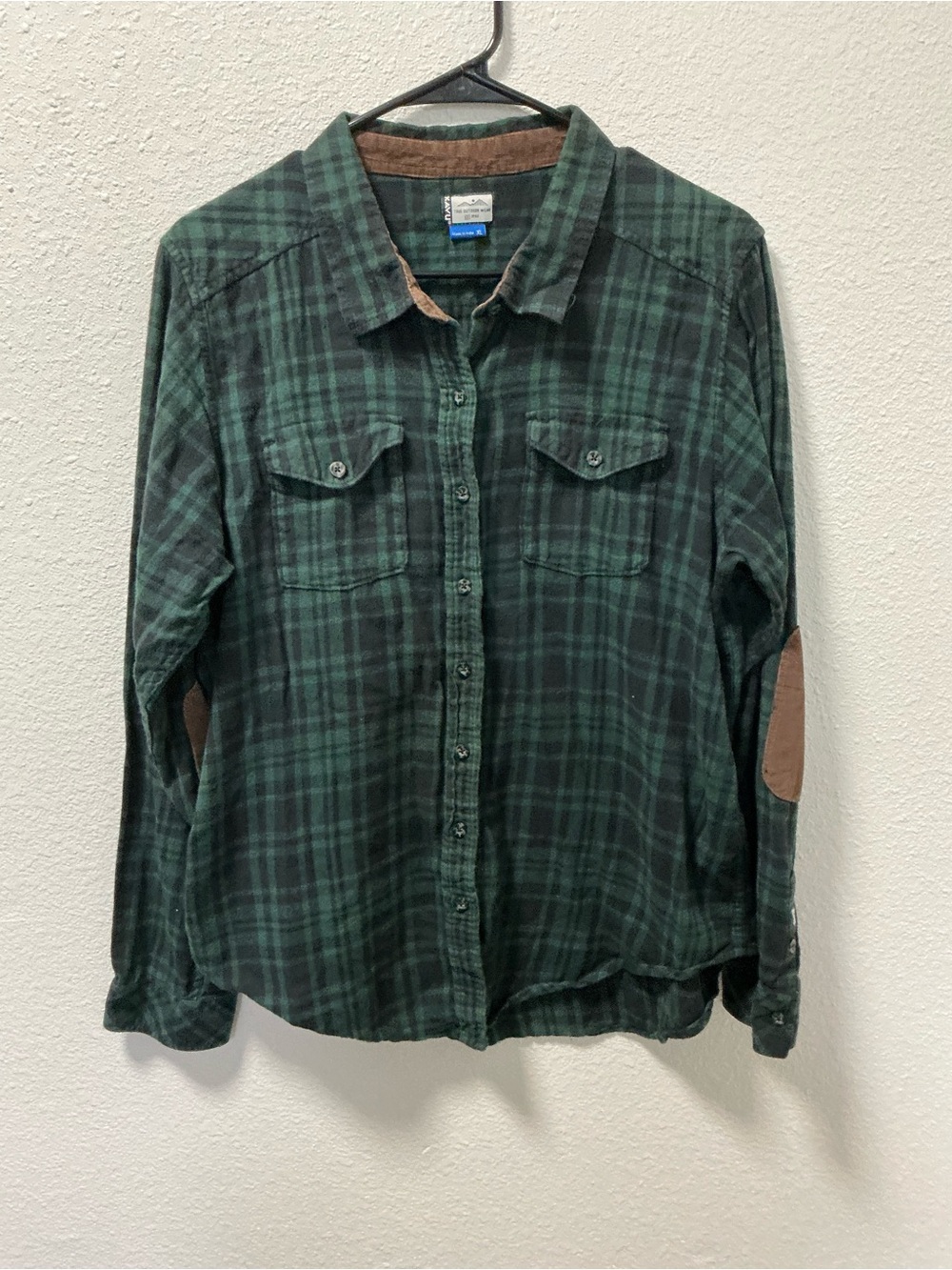 Kabul Women’s XL green black plaid flannel shirt corduroy elbow patches collar